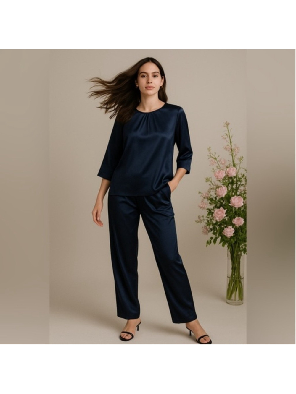 Real silk life navy chic 100% mulberry silk pajama set size L 05
